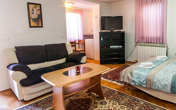 Apartman Kira, dnevni boravak sa bračnim ležajem i pogledom na trpezariju, kablovska tv, besplatan wi-fi i potpuno opremljena kupaonica sa masažnom tuš kabinom.