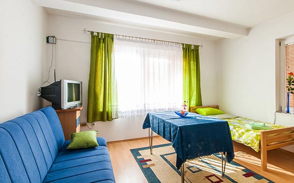 Apartman Studio 1, dnevni boravak sa ležajem na razvlačenje, kablovska tv, besplatan wi-fi i potpuno opremljena kupaonica sa masažnom tuš kabinom.