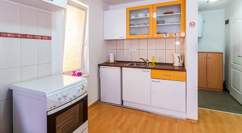 Apartman Tayra, opremljena kuhinja sa štednjakom, frižiderom i kuhalom za vodu.